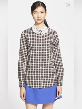 Vivetta Lace Hand Collar Brown Plaid Button-Down Shirt IT 38